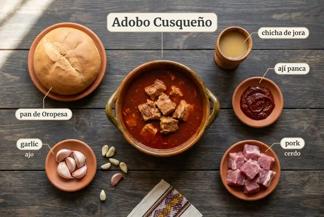 Adobo cusqueño, pork in a red chicha de jora and ají panca broth, served with round pan de Oropesa