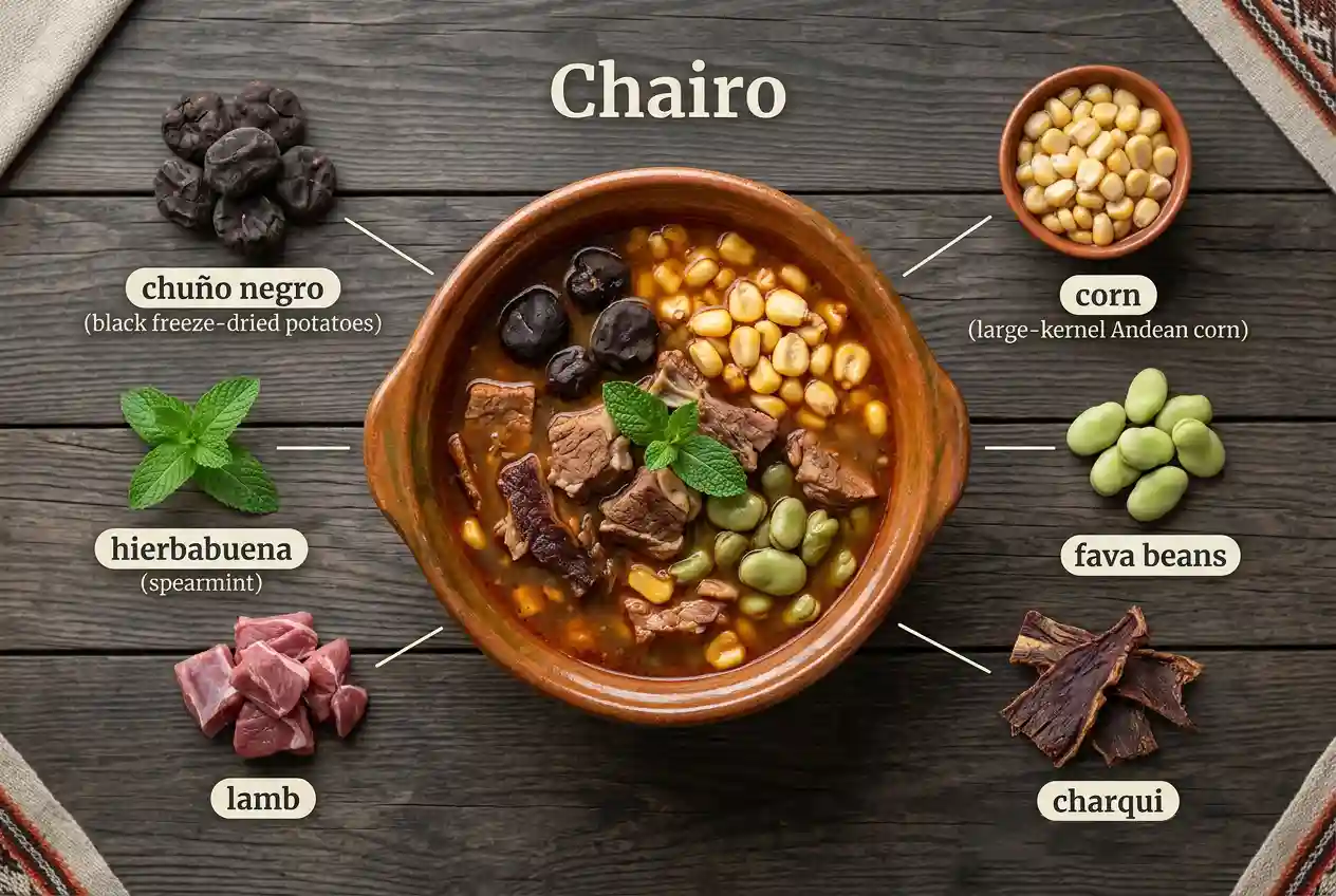 Chairo, a highland soup of lamb, charqui, chuño negro, Andean corn and fava beans topped with hierbabuena