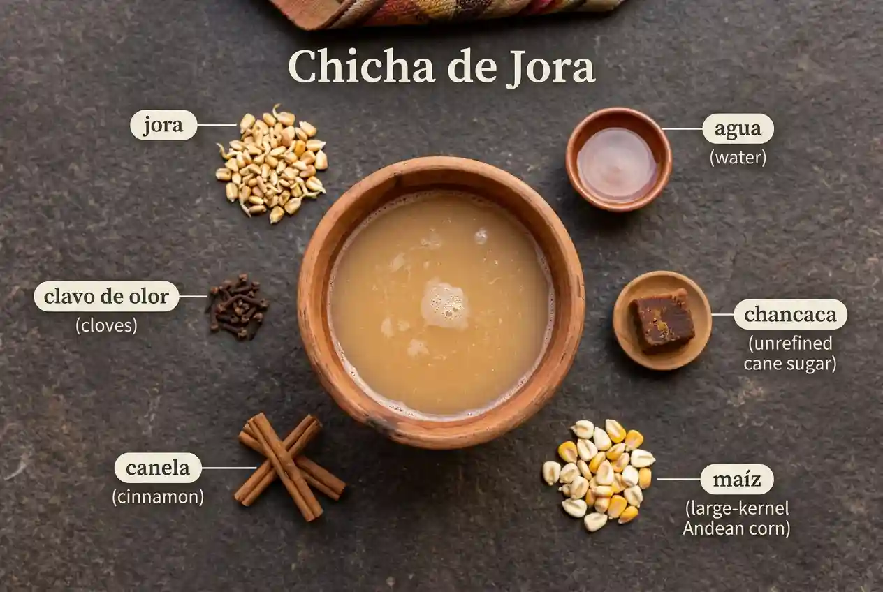 Chicha de jora in a clay bowl with its ingredients: malted corn (jora), dried corn, chancaca, cinnamon, cloves and water