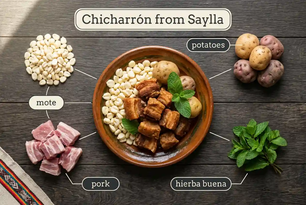 Chicharrón from Saylla, fried pork with mote, native potatoes and fresh mint, with raw ingredients around the plate
