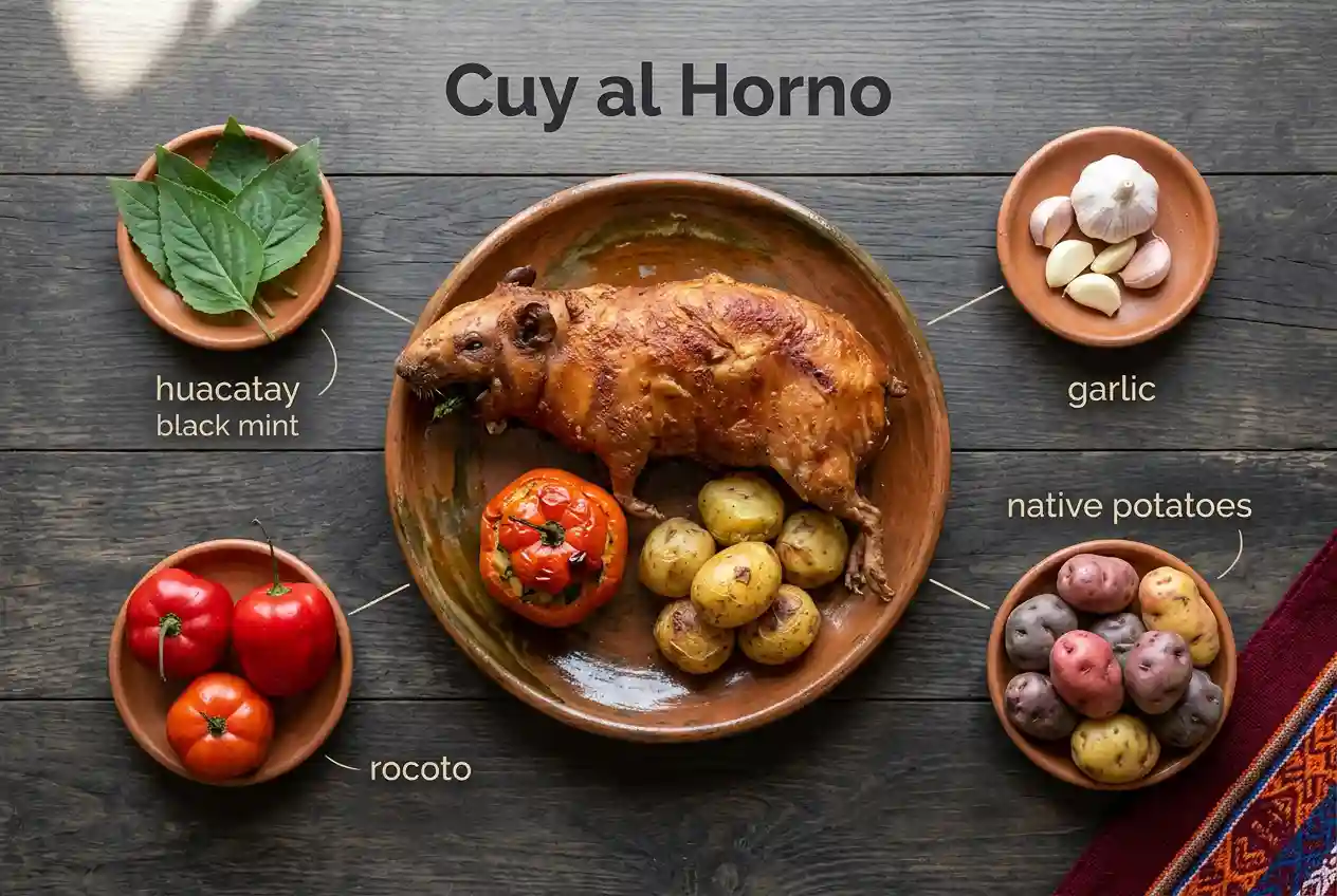 Whole cuy al horno, oven-roasted guinea pig, served with rocoto relleno and native potatoes, with huacatay and garlic
