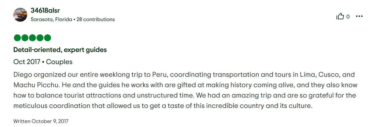 TripAdvisor 5-star review for Finders Peru praising punctual private transport and perfect day trip organization to Machu Picchu.