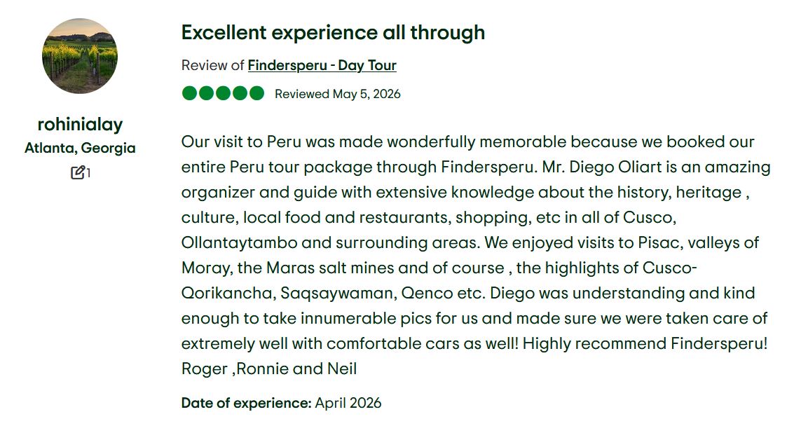A 5-star review from travelers Roger, Ronnie, and Neil praising Finders Perú, Mr. Diego Oliart, and their private tour of Cusco, Moray, Maras, and Pisac with highly comfortable cars.