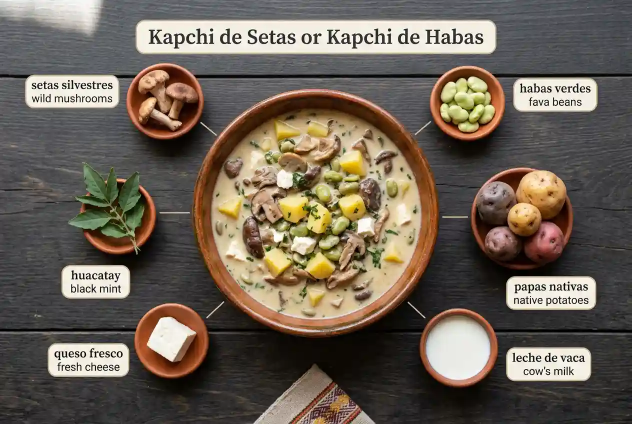 Kapchi stew with wild mushrooms, fava beans, native potatoes and fresh cheese in a creamy milk base with huacatay