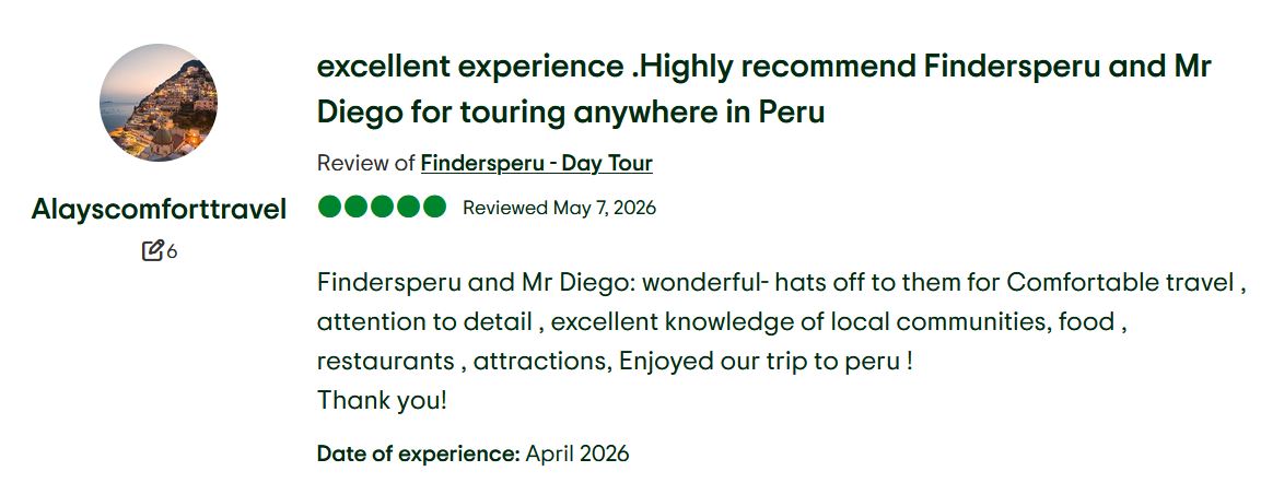 5-star TripAdvisor review for Findersperu and tour guide Mr. Diego praising comfortable travel, local community knowledge, and custom Peru tours.
