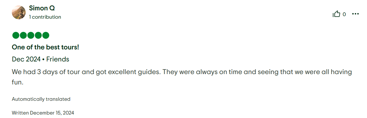 TripAdvisor 5-star review for Finders Peru praising punctual private transport and perfect day trip organization to Machu Picchu.
