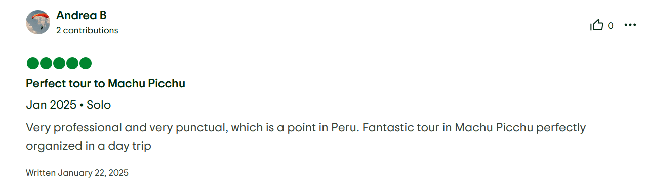 TripAdvisor 5-star review for Finders Peru praising punctual private transport and perfect day trip organization to Machu Picchu.