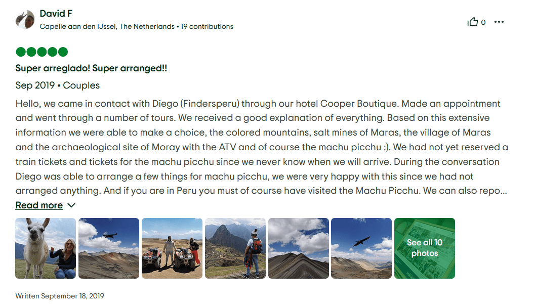 5-star Tripadvisor review for Finders Peru by David F titled "Super arreglado! Super arranged!!" praising Diego for organizing last-minute tours to Machu Picchu, Rainbow Mountain, and Moray ATVs.
