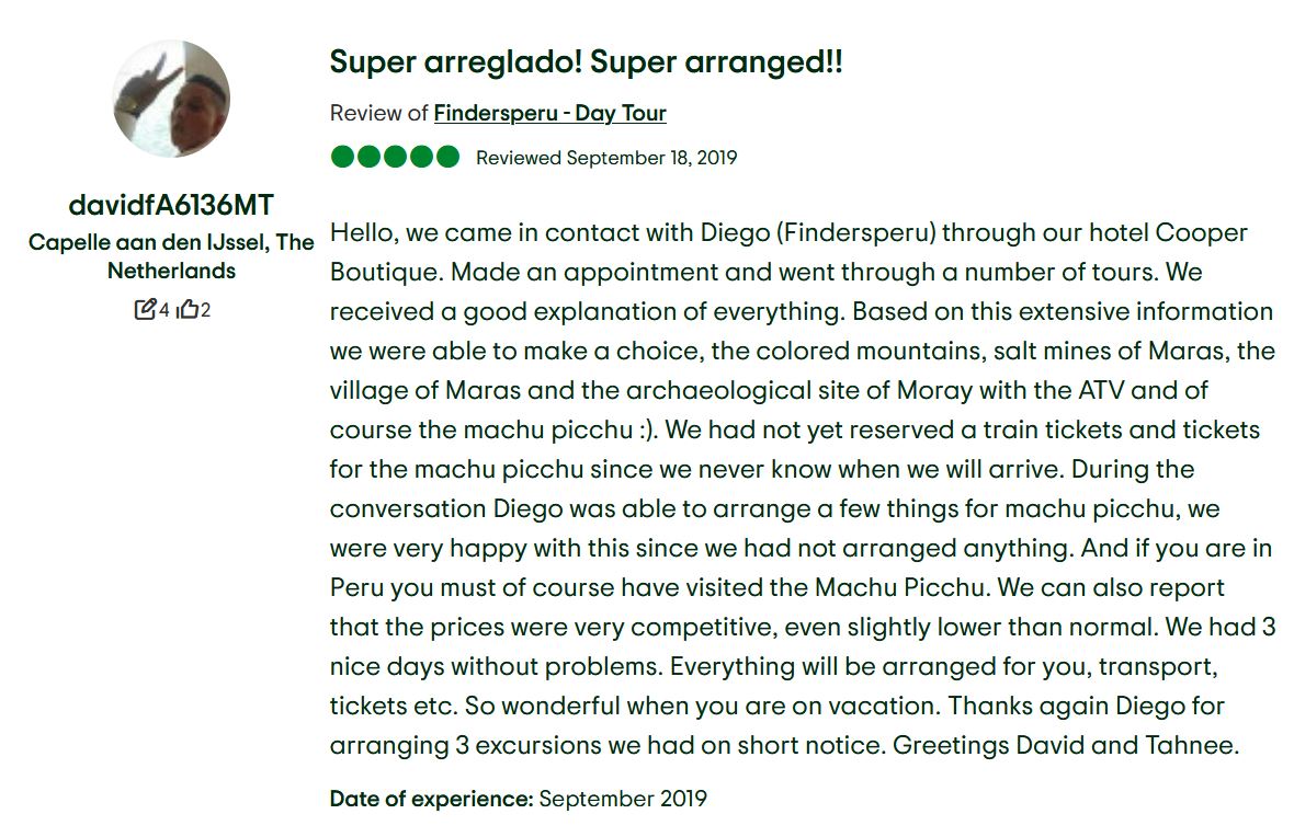 A 5-star review from Dutch travelers David and Tahnee praising Finders Perú and Diego for arranging last-minute Machu Picchu tickets, train bookings, and custom ATV tours of Maras and Moray.
