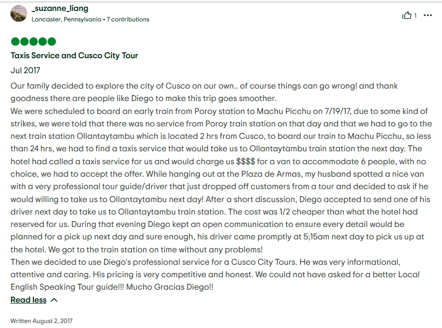 5-star Tripadvisor review for Diego's taxi and Cusco city tour service, describing how he saved a family's trip to Machu Picchu during a 2017 train strike.