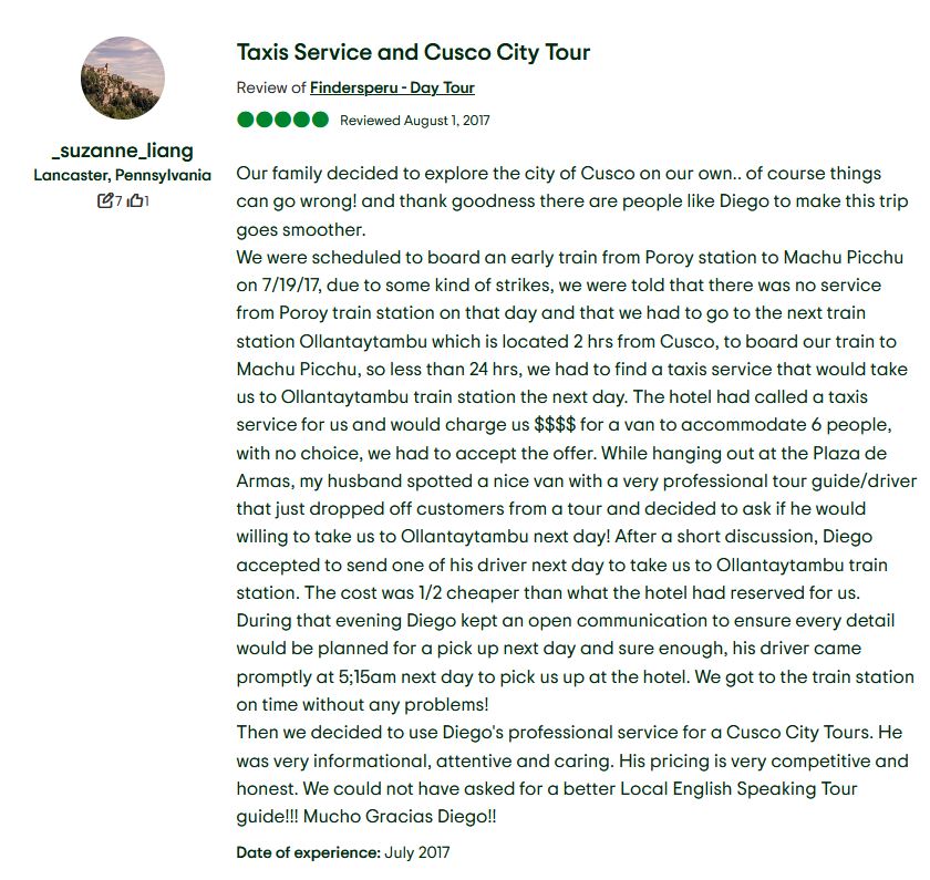 A 5-star TripAdvisor review from a customer praising Finders Perú and Diego for arranging an emergency early morning private transfer to Ollantaytambo to bypass a sudden rail strike.